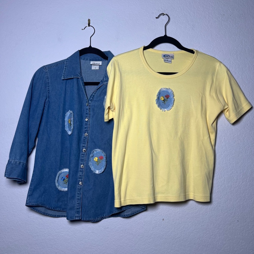 Distinct Las Olas Shirt Set S Blue‎ Yellow Womens Cottagecore Floral Embroidered
